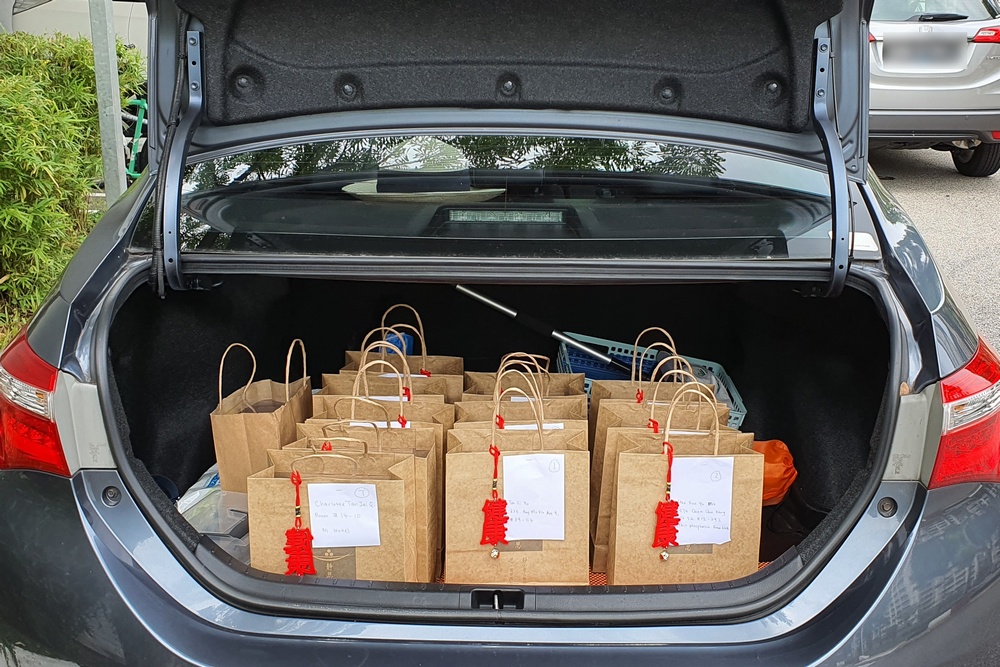 Bags of care packages loaded up and ready to be delivered. (Photo by Susan Tan)